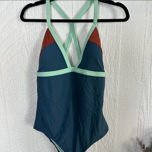 Prana Teal One-Piece Swimsuit with Mint Trim and Rust Panels